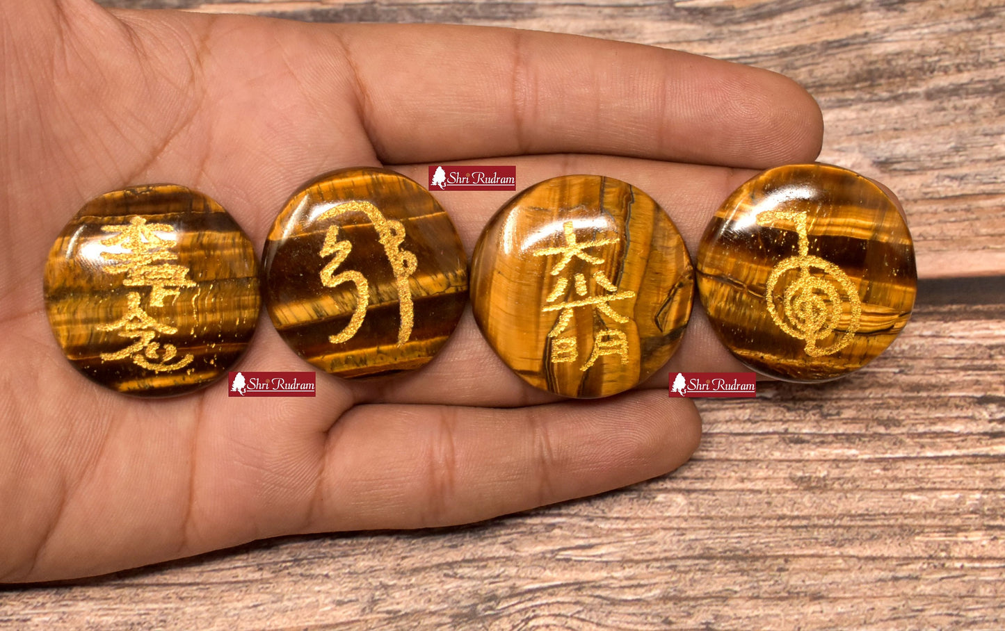 Tiger Eye Stone Set of 4 Pcs with Usui Reiki Symbols , Reiki Disc Set, Engraved Usui Reiki Symbols Disc Set, Healing Crystals, Palm Stone