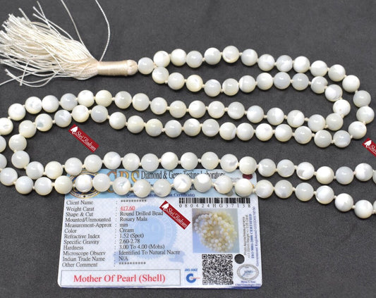 ShriRudram Purity Mala, Mother Of Pearl Mala Necklace, Handmade Necklace, 108 Bead, Japa Mala Beads ~ Peace Mala Necklace Lab Certified 8 MM