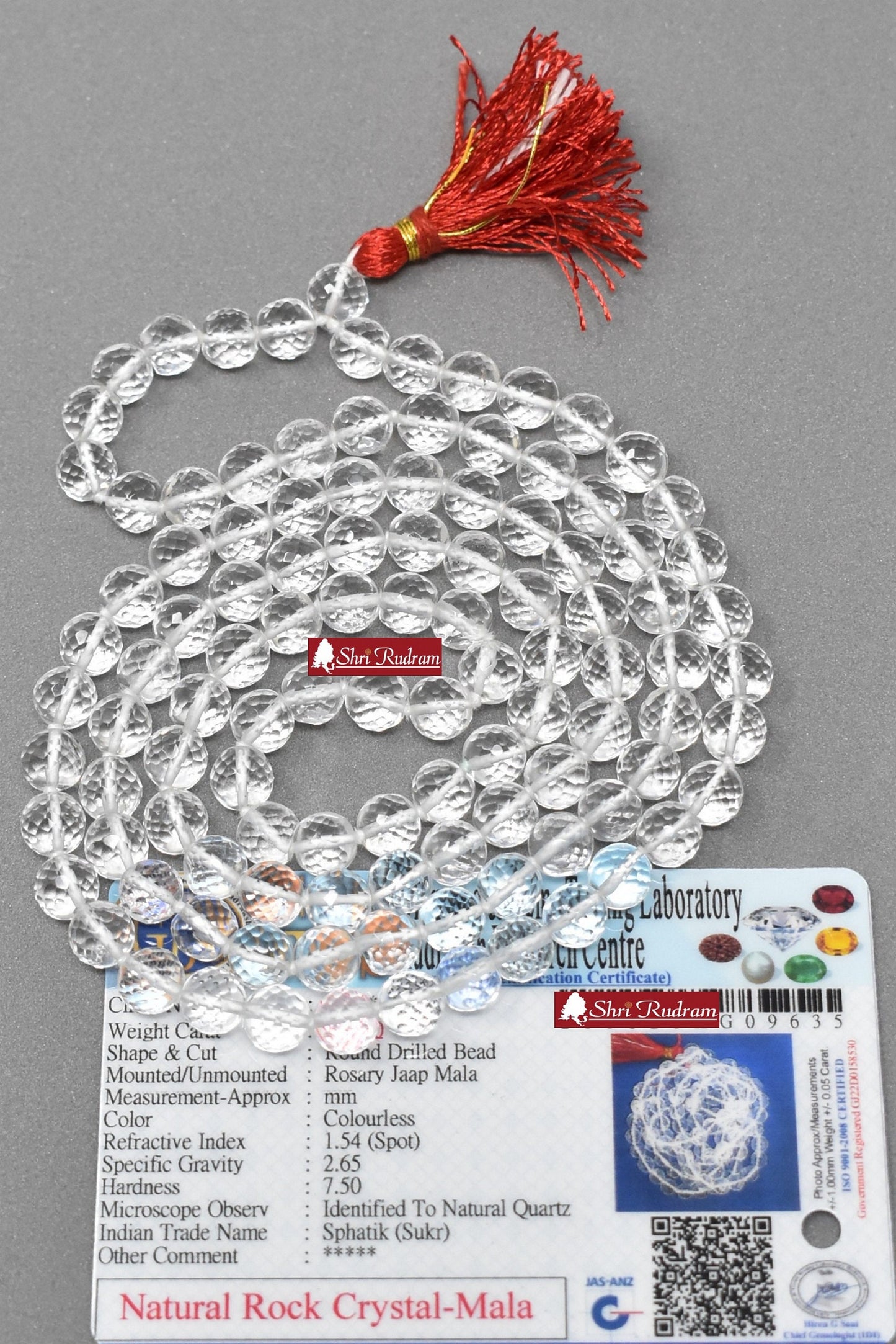 ShriRudram Sphatic Mala Crystal Quartz Rosary Diamond Cutting 108+1 Beads Lab Certifed 7 MM