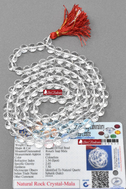 ShriRudram Sphatic Mala Crystal Quartz Rosary Diamond Cutting 108+1 Beads Lab Certifed 7 MM