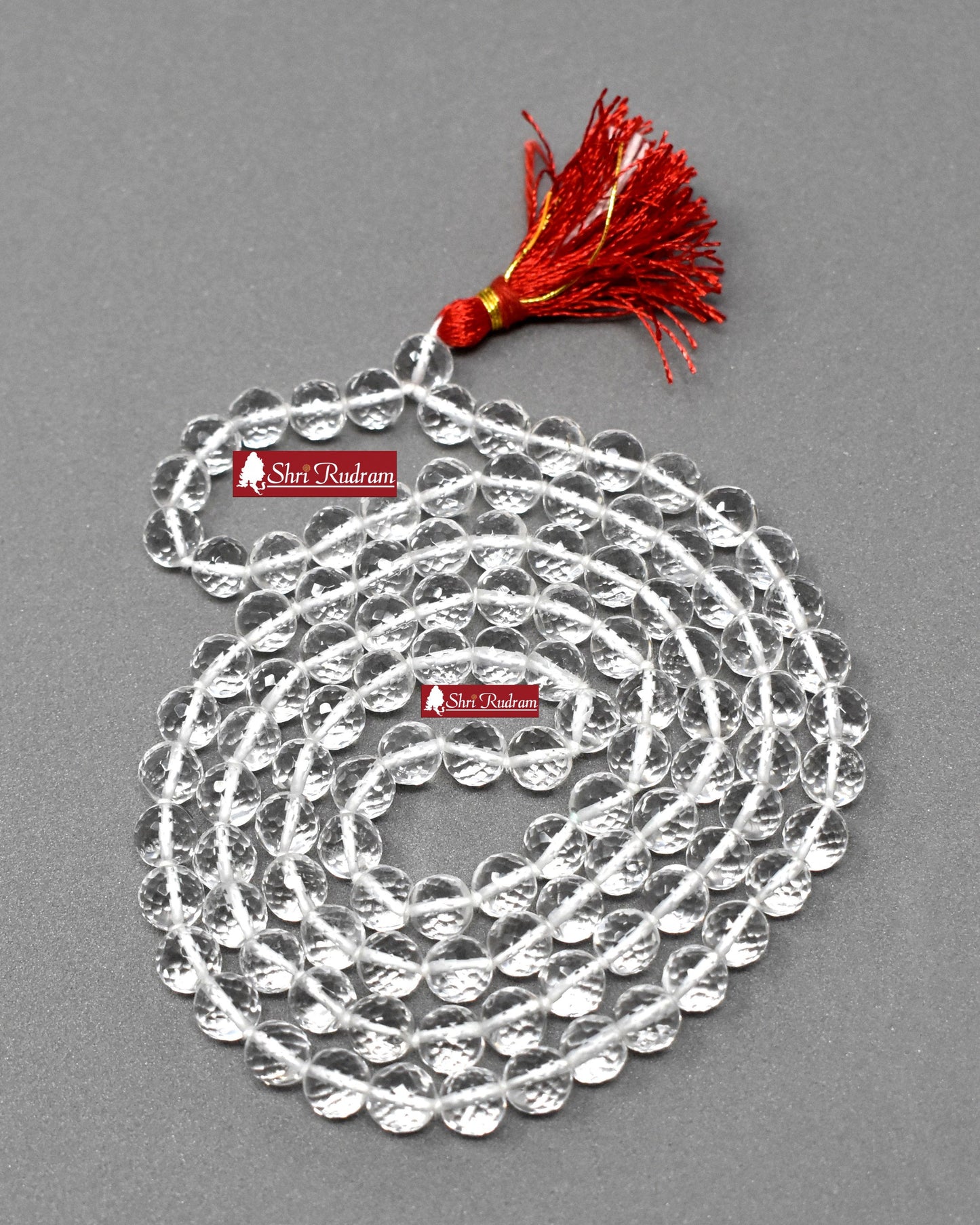 ShriRudram Sphatic Mala Crystal Quartz Rosary Diamond Cutting 108+1 Beads Lab Certifed 7 MM
