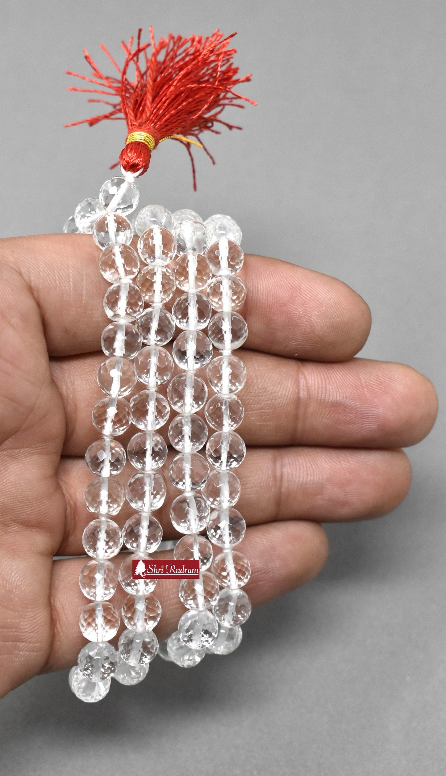 ShriRudram Sphatic Mala Crystal Quartz Rosary Diamond Cutting 108+1 Beads Lab Certifed 7 MM