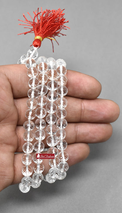 ShriRudram Sphatic Mala Crystal Quartz Rosary Diamond Cutting 108+1 Beads Lab Certifed 7 MM