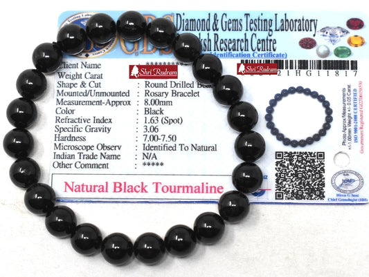 ShriRudram Natural Black Tourmaline Bracelet Wristlet Beads Adjustable Free Size Lab Certified 8 MM