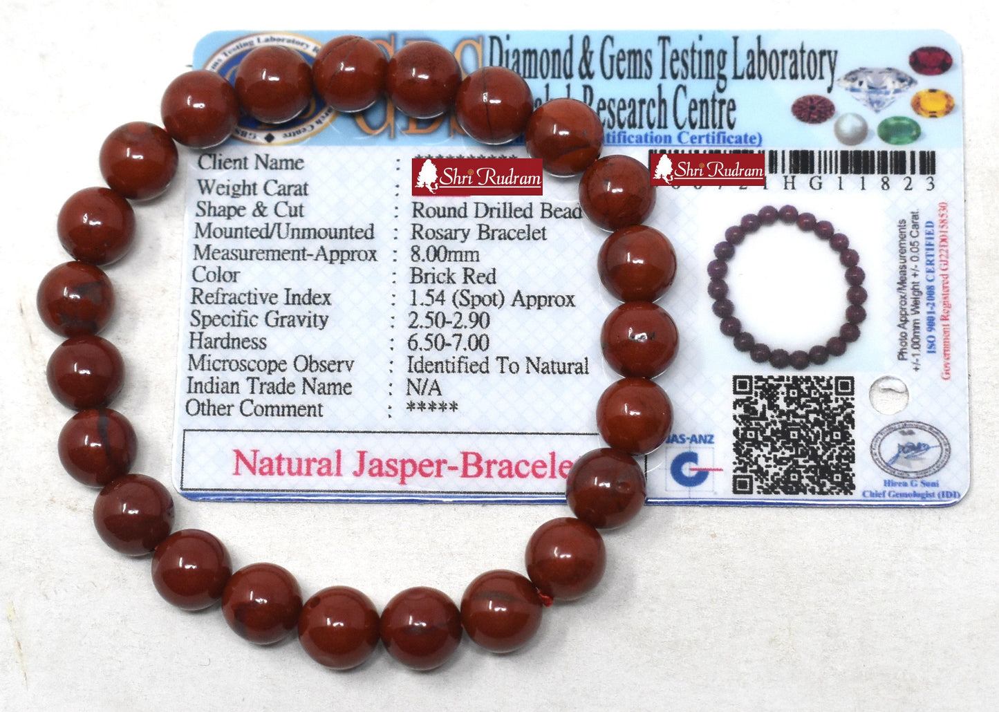 ShriRudram Natural Red Jasper Bracelet Wristlet Beads Adjustable Free Size Lab Certified 8 MM