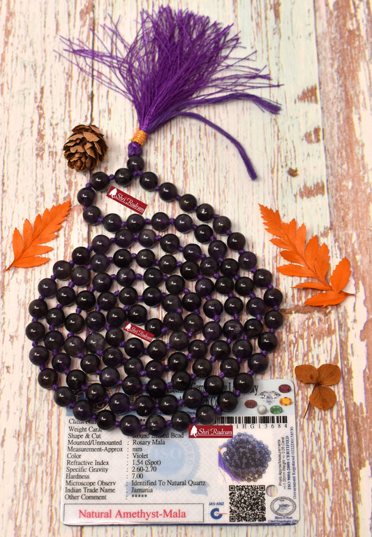 ShriRudram Amethyst Rosary Mala 108+1 Beads Strength Necklace Lab Certifed