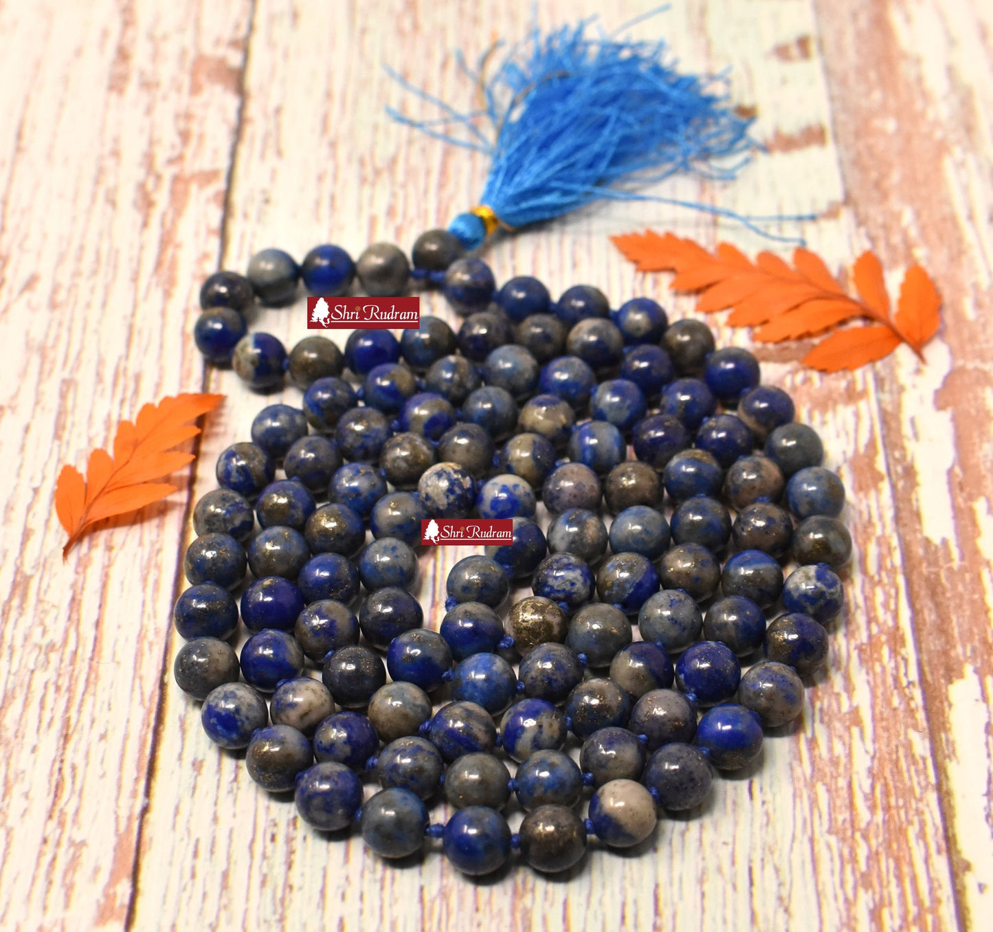 ShriRudram Lapis Lazuli 8mm Mala , 108 Lapis Lazuli Stone Hand Knotted Mala Beads Necklace, Lapis Mala Gemstone Long Necklace 8MM