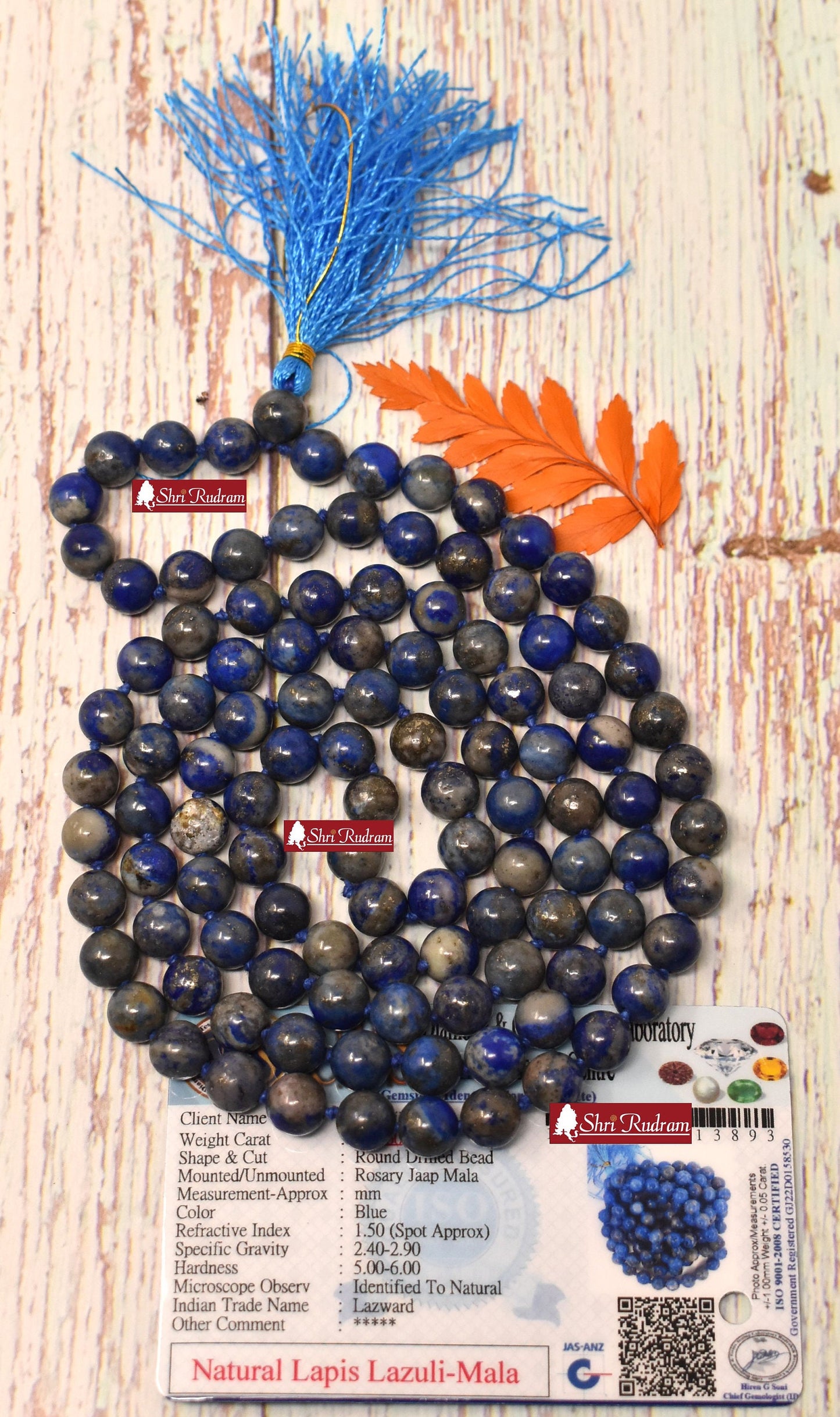 ShriRudram Lapis Lazuli 8mm Mala , 108 Lapis Lazuli Stone Hand Knotted Mala Beads Necklace, Lapis Mala Gemstone Long Necklace 8MM