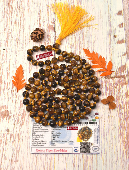 ShriRudram Courage Mala, Tiger Eye Mala -Lab Certfied, Yoga Gifts, Tiger Eye Necklace, Statement Necklace 8MM
