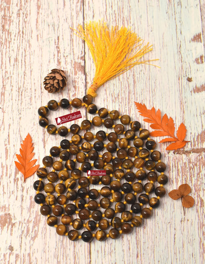 ShriRudram Courage Mala, Tiger Eye Mala -Lab Certfied, Yoga Gifts, Tiger Eye Necklace, Statement Necklace 8MM