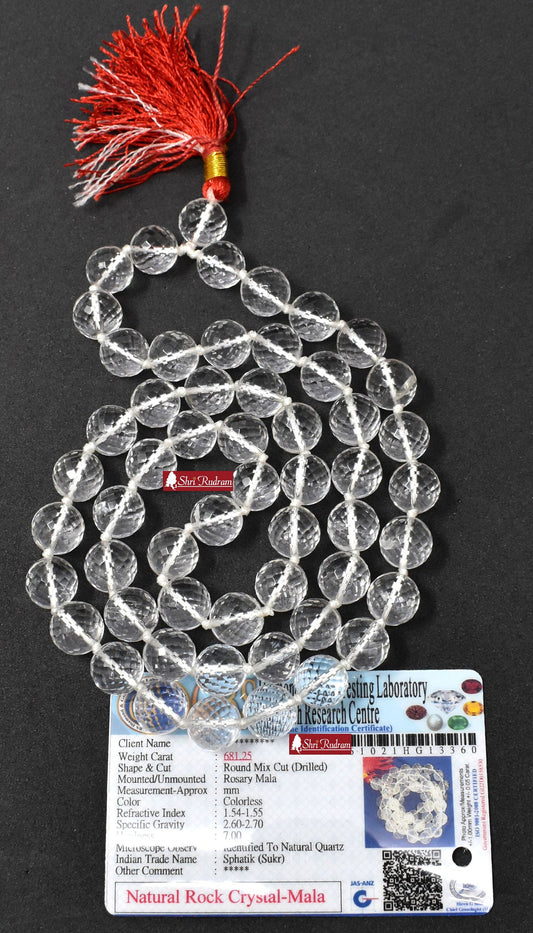 ShriRudram Sphatic Mala Crystal Quartz Rosary Diamond Cutting 54+1 Beads Lab Certifed 12 MM