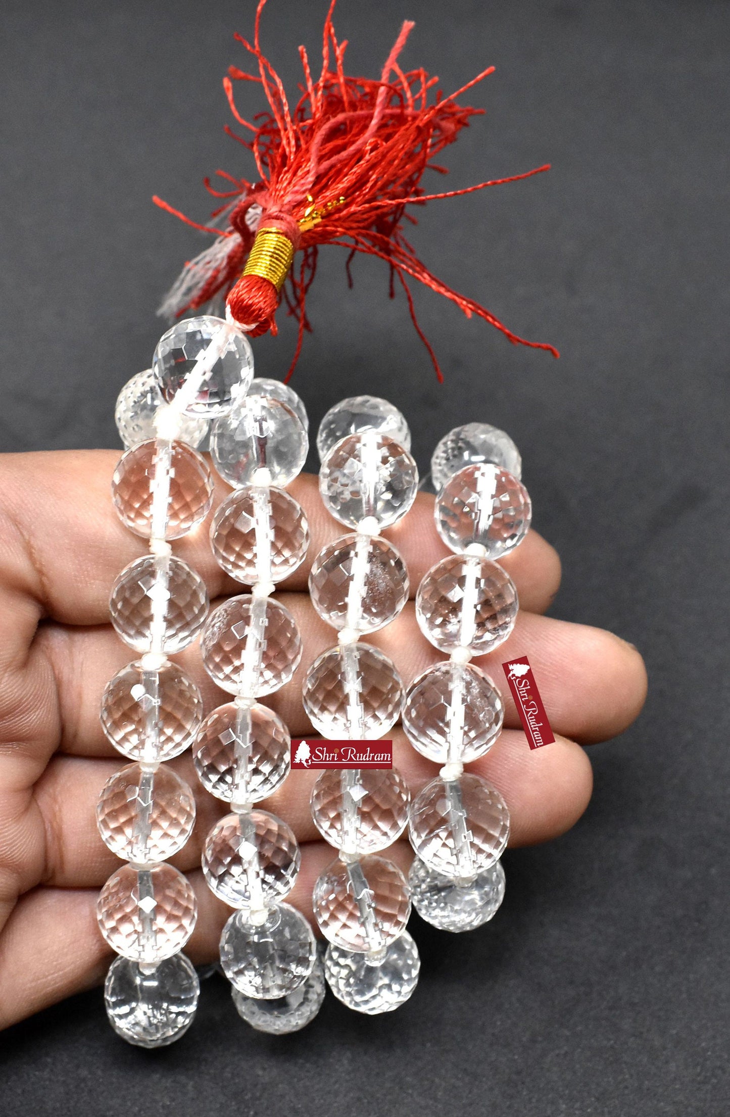 ShriRudram Sphatic Mala Crystal Quartz Rosary Diamond Cutting 54+1 Beads Lab Certifed 12 MM