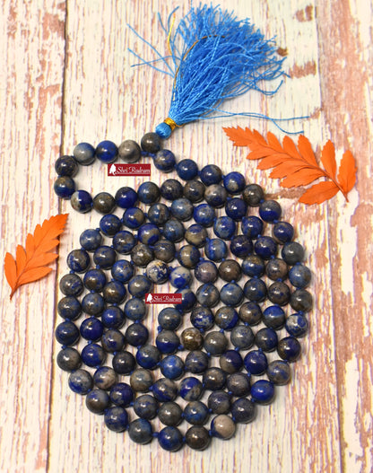 ShriRudram Lapis Lazuli 8mm Mala , 108 Lapis Lazuli Stone Hand Knotted Mala Beads Necklace, Lapis Mala Gemstone Long Necklace 8MM