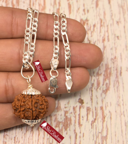 ShriRudram 9 Mukhi Rudraksha / Nine Face Rudraksh Nepal Bead in Pure Silver Chain Lab Certified