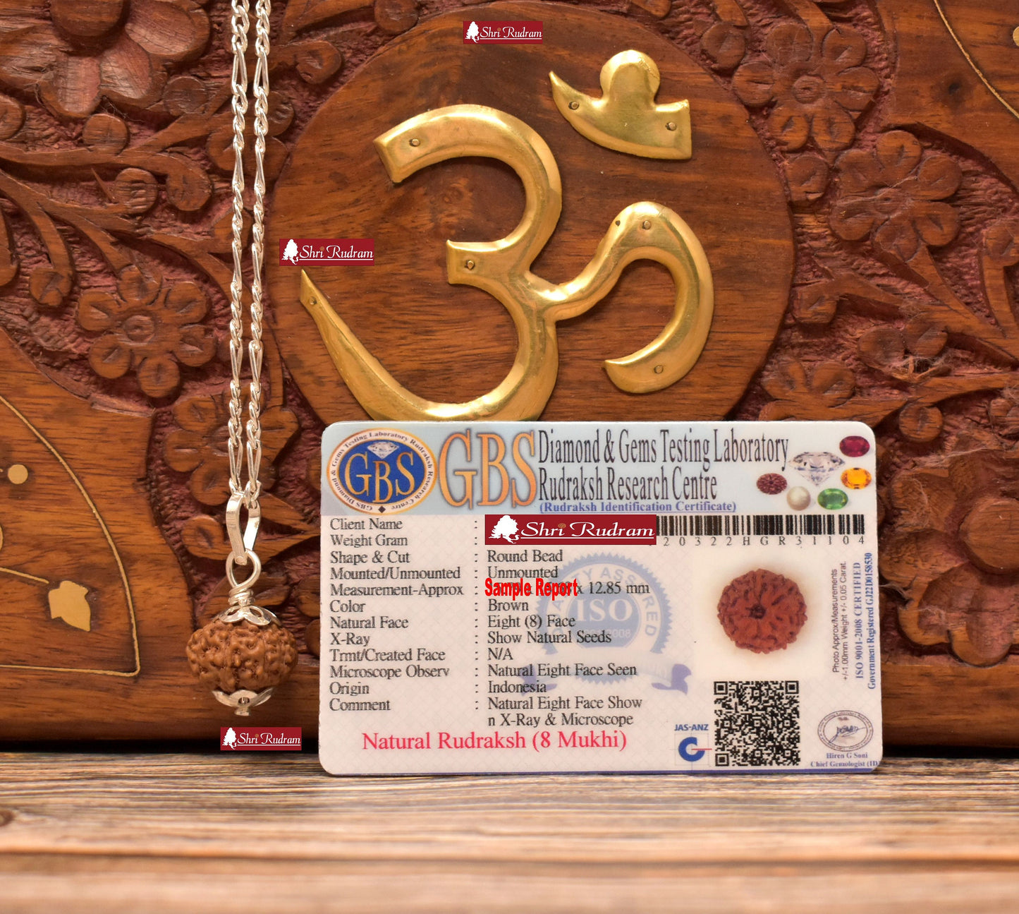 ShriRudram 8 Mukhi Rudraksha / Eight Face Rudraksh Java Bead in Pure Silver Chain Lab Certified