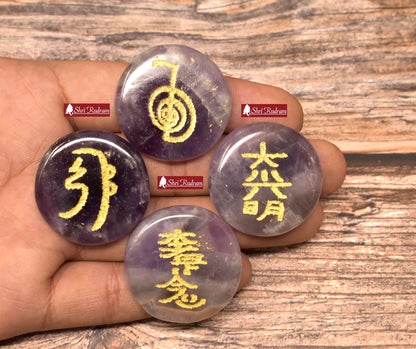 Amethyst Stone Set of 4 Pcs with Usui Reiki Symbols , Reiki Disc Set, Engraved Usui Reiki Symbols Disc Set, Healing Crystals, Palm Stone
