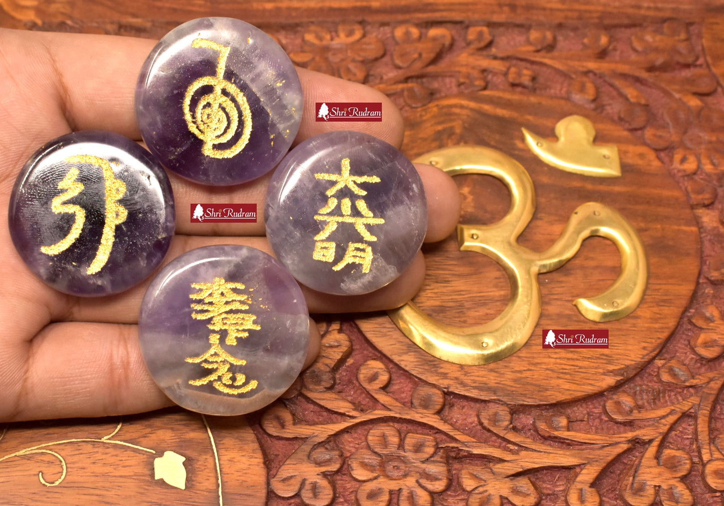 Amethyst Stone Set of 4 Pcs with Usui Reiki Symbols , Reiki Disc Set, Engraved Usui Reiki Symbols Disc Set, Healing Crystals, Palm Stone