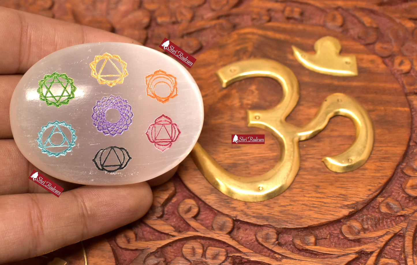 ShriRudram 7 Chakra Selenite Palm Stone  , Healing Crystals , Palm Stone , Meditation Crown Chakra