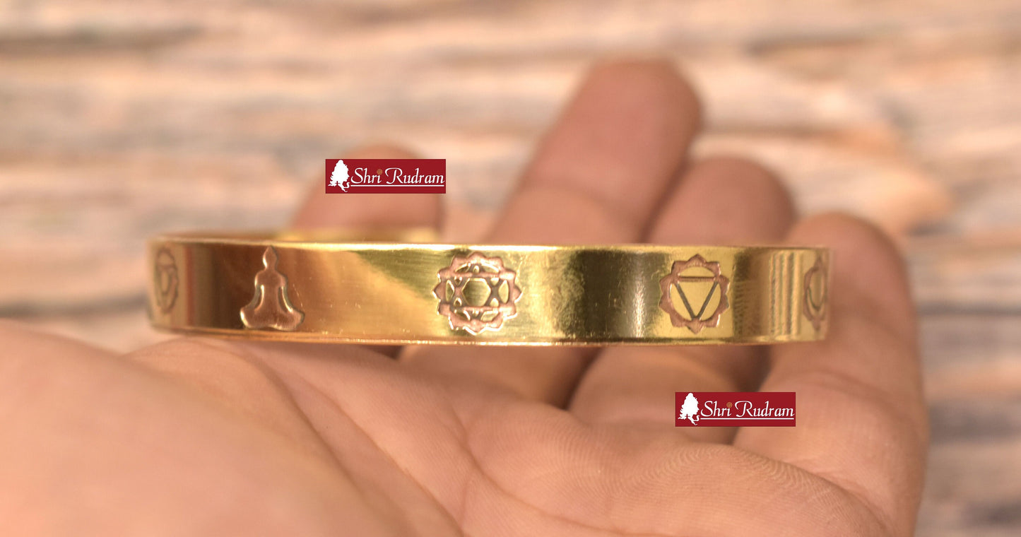 ShriRudram 7 Chakra Brass Bracelet , Engraved Bracelet, Adjustable Cuff Bracelet, , Seven Chakra Bracelet Set of 2 Bracelet