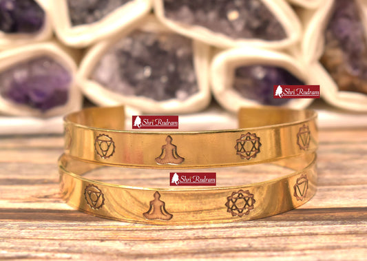 ShriRudram 7 Chakra Brass Bracelet , Engraved Bracelet, Adjustable Cuff Bracelet, , Seven Chakra Bracelet Set of 2 Bracelet