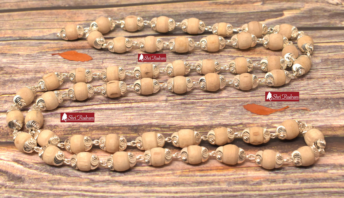 ShriRudram White Tulsi Mala / White Tulsi Rosary  in Pure Silver 54+1 Beads  Size : 8  MM