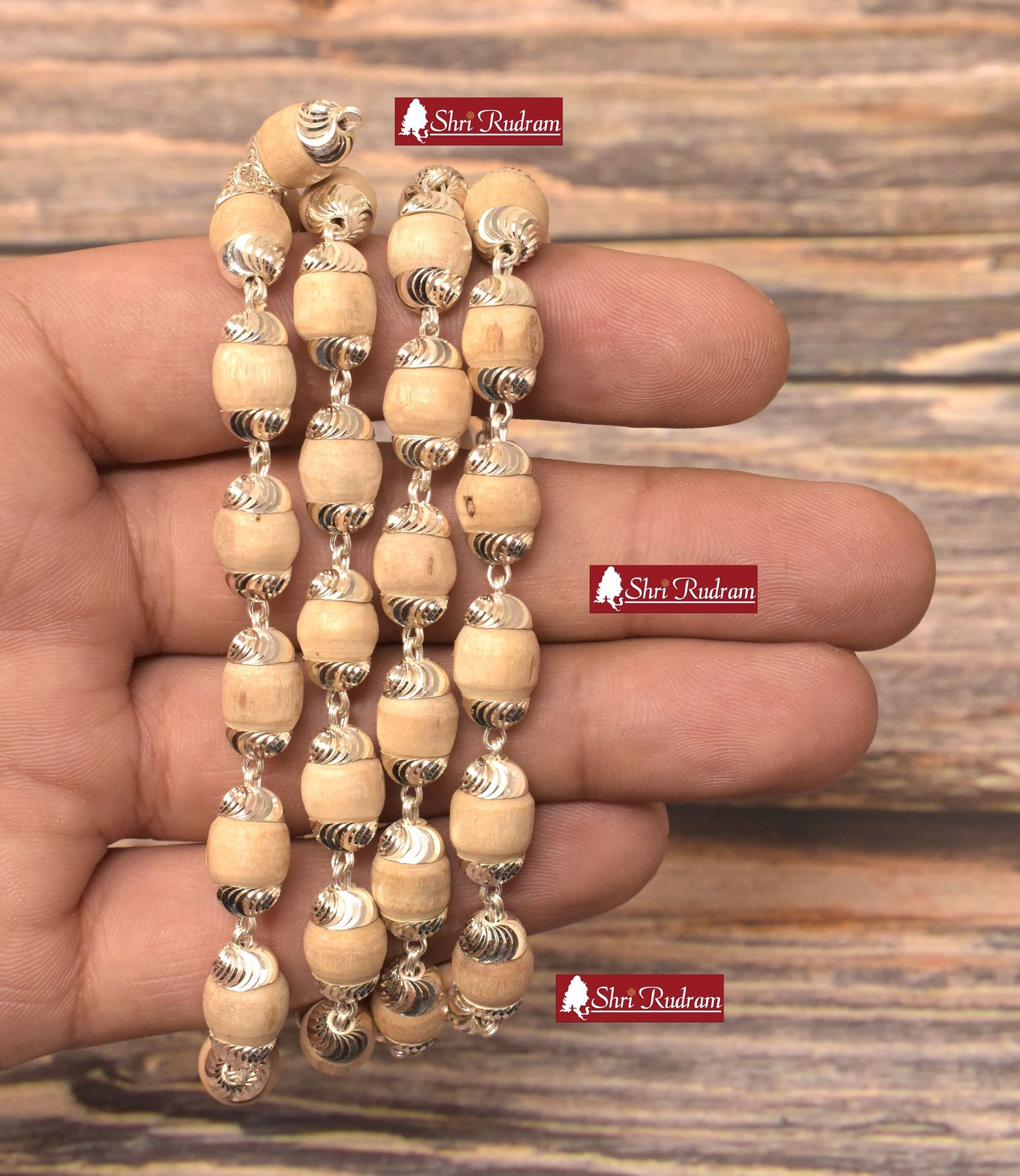 ShriRudram White Tulsi Mala / White Tulsi Rosary  in Pure Silver 54+1 Beads  Size : 8  MM