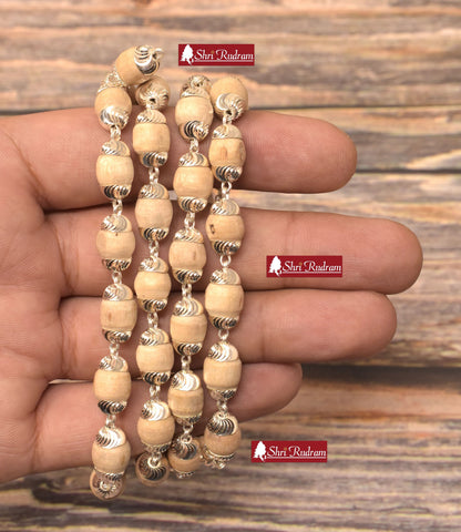 ShriRudram White Tulsi Mala / White Tulsi Rosary  in Pure Silver 54+1 Beads  Size : 8  MM