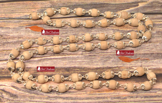 ShriRudram White Tulsi Mala / White Tulsi Rosary  in Pure Silver 54+1 Beads  Size : 8  MM