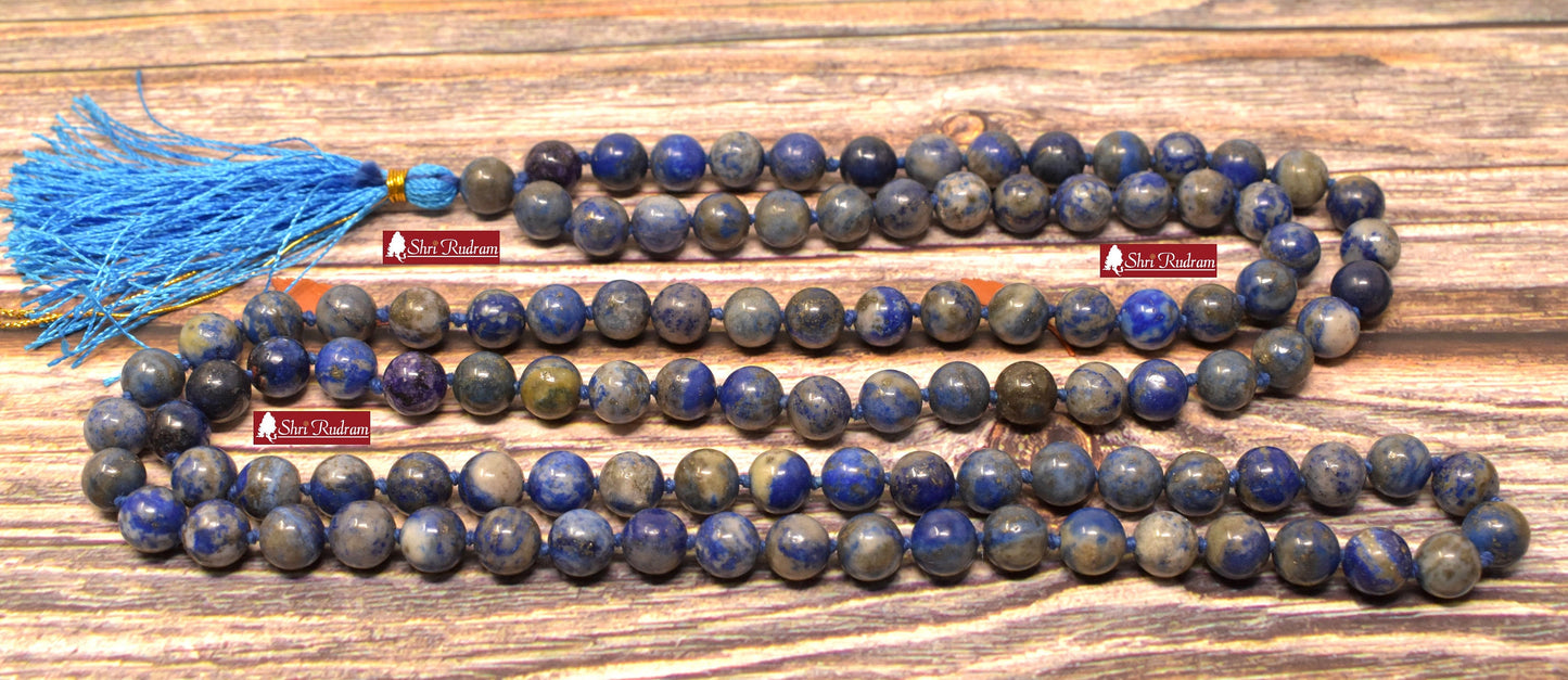 ShriRudram Lapis Lazuli 8mm Mala , 108 Lapis Lazuli Stone Hand Knotted Mala Beads Necklace, Lapis Mala Gemstone Long Necklace 8MM
