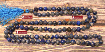 ShriRudram Lapis Lazuli 8mm Mala , 108 Lapis Lazuli Stone Hand Knotted Mala Beads Necklace, Lapis Mala Gemstone Long Necklace 8MM