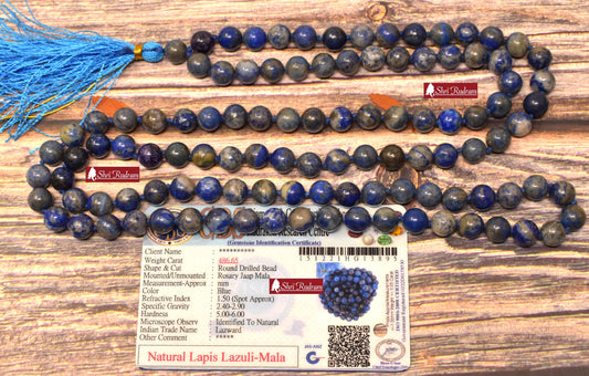 ShriRudram Lapis Lazuli 8mm Mala , 108 Lapis Lazuli Stone Hand Knotted Mala Beads Necklace, Lapis Mala Gemstone Long Necklace 8MM