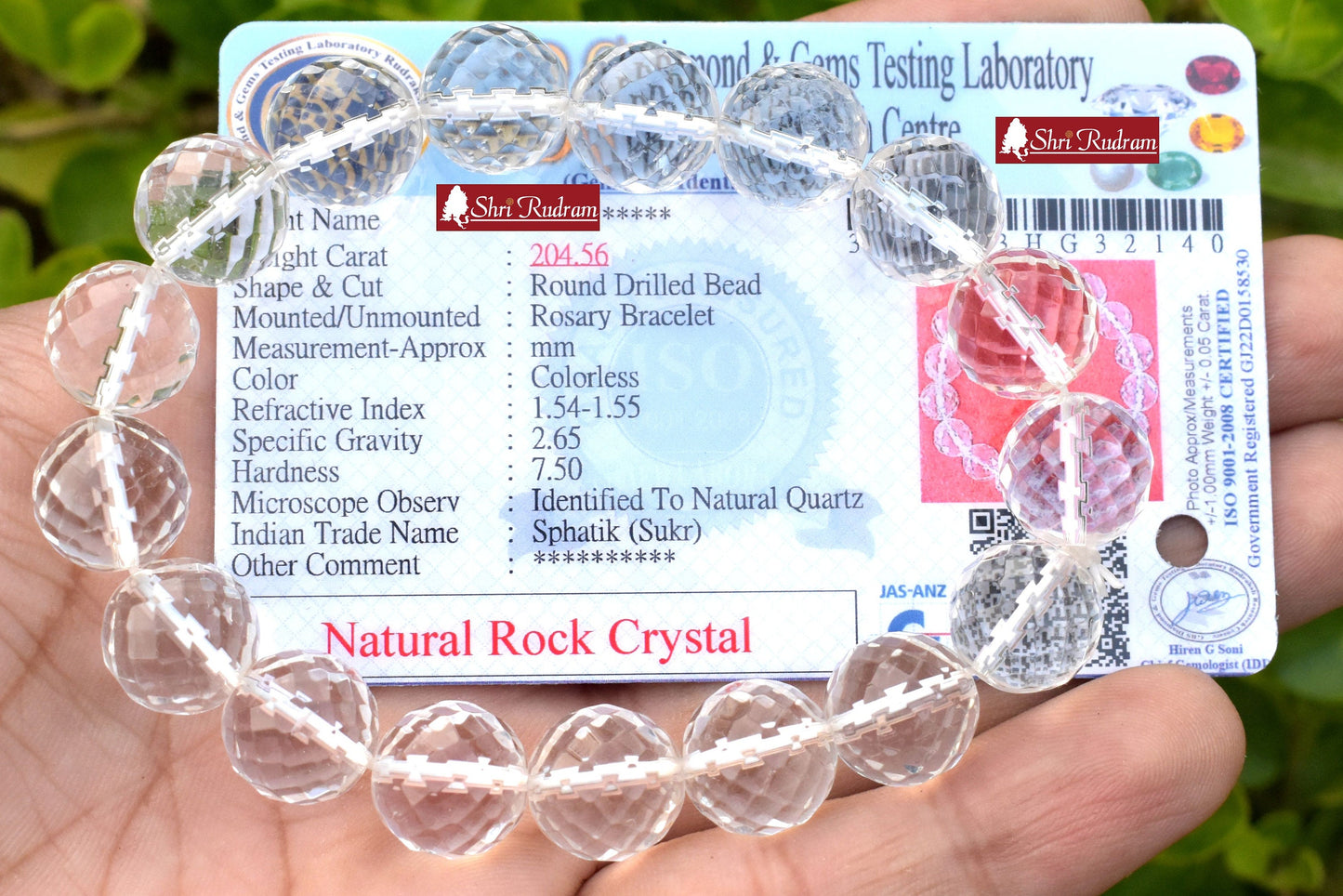 ShriRudram Sphatic Diamond Cutting Bracelet / Clear Quartz Wristlet Lab Certified Adjustable Free Size Spiritual Gift 12 MM