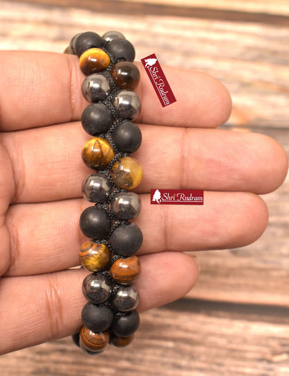 ShriRudram Triple Protection Tiger Eye Bracelet, Hematite Bracelet, Shaligram Bracelet, Mixed Stone Triple protection crystal bracelet