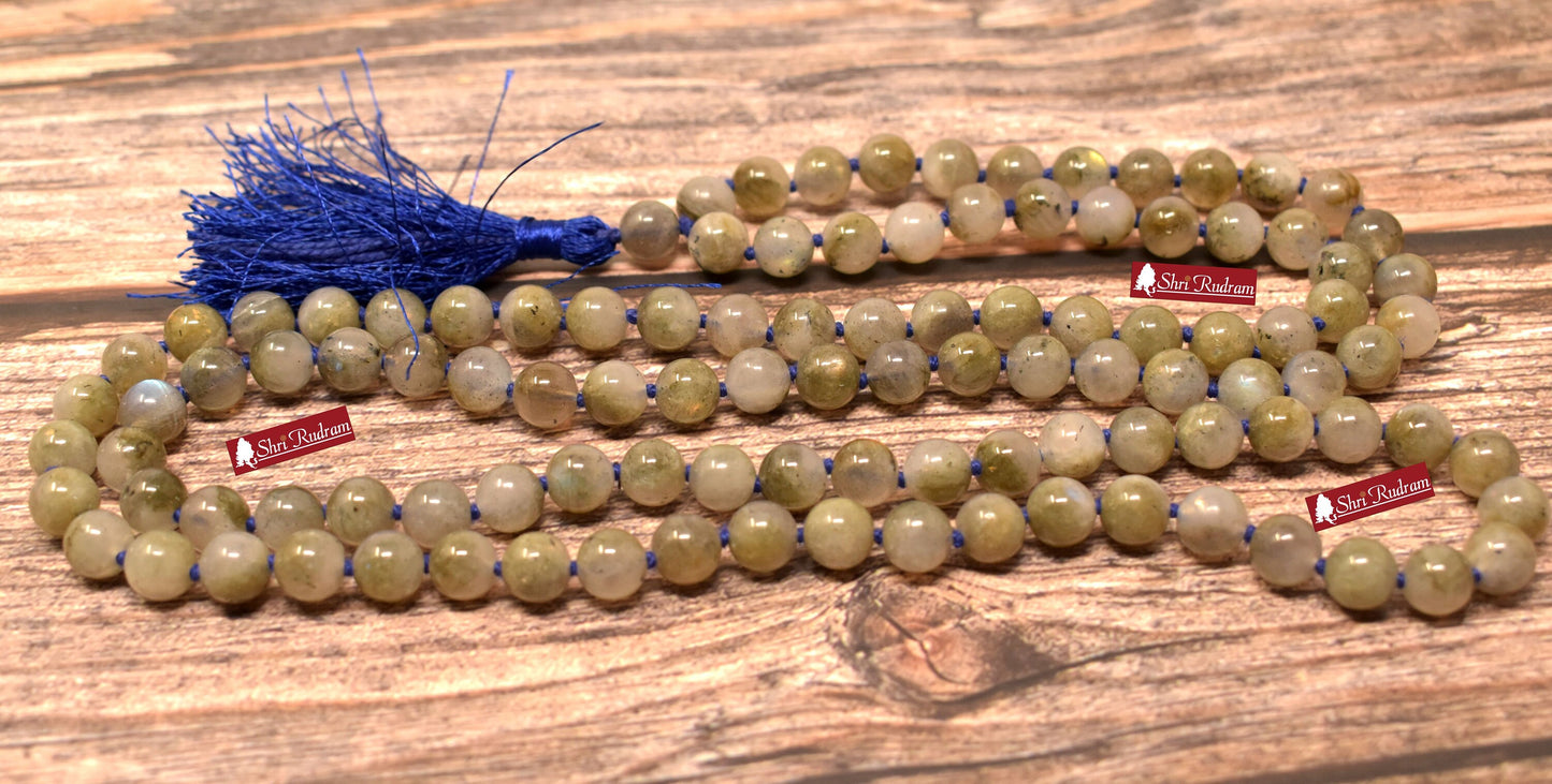 ShriRudram Gray Labradorite Necklace, Knotted Mala, Mantra Mala, Gray Labradorite, 108 Beads, Yoga Gifts, Statement Necklace