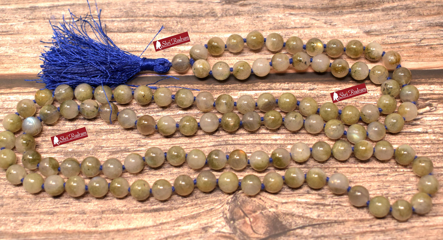 ShriRudram Gray Labradorite Necklace, Knotted Mala, Mantra Mala, Gray Labradorite, 108 Beads, Yoga Gifts, Statement Necklace