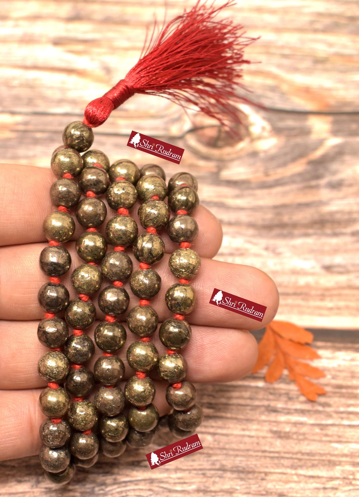 ShriRudram Golden Pyrite Mala For Making Wealth, Pyrite Necklace, Hand Knotted, Statement Necklace, Gift For Yoga Lover TOp Quality 8 MM