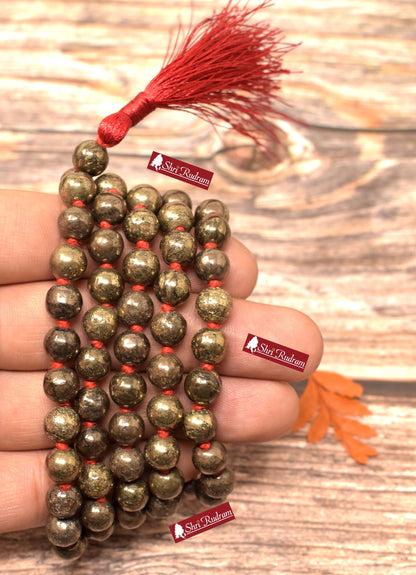 ShriRudram Golden Pyrite Mala For Making Wealth, Pyrite Necklace, Hand Knotted, Statement Necklace, Gift For Yoga Lover TOp Quality 8 MM