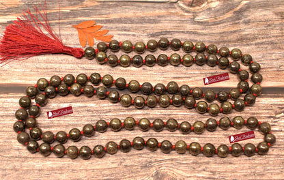 ShriRudram Golden Pyrite Mala For Making Wealth, Pyrite Necklace, Hand Knotted, Statement Necklace, Gift For Yoga Lover TOp Quality 8 MM