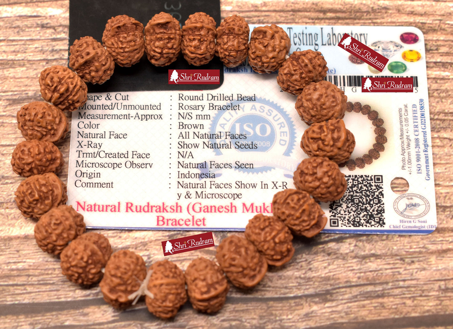 ShriRudram Ganesh Rudraksha Bracelet / Ganesha Rudraksh Wristlet Java Bead Lab Certified 11-12 MM