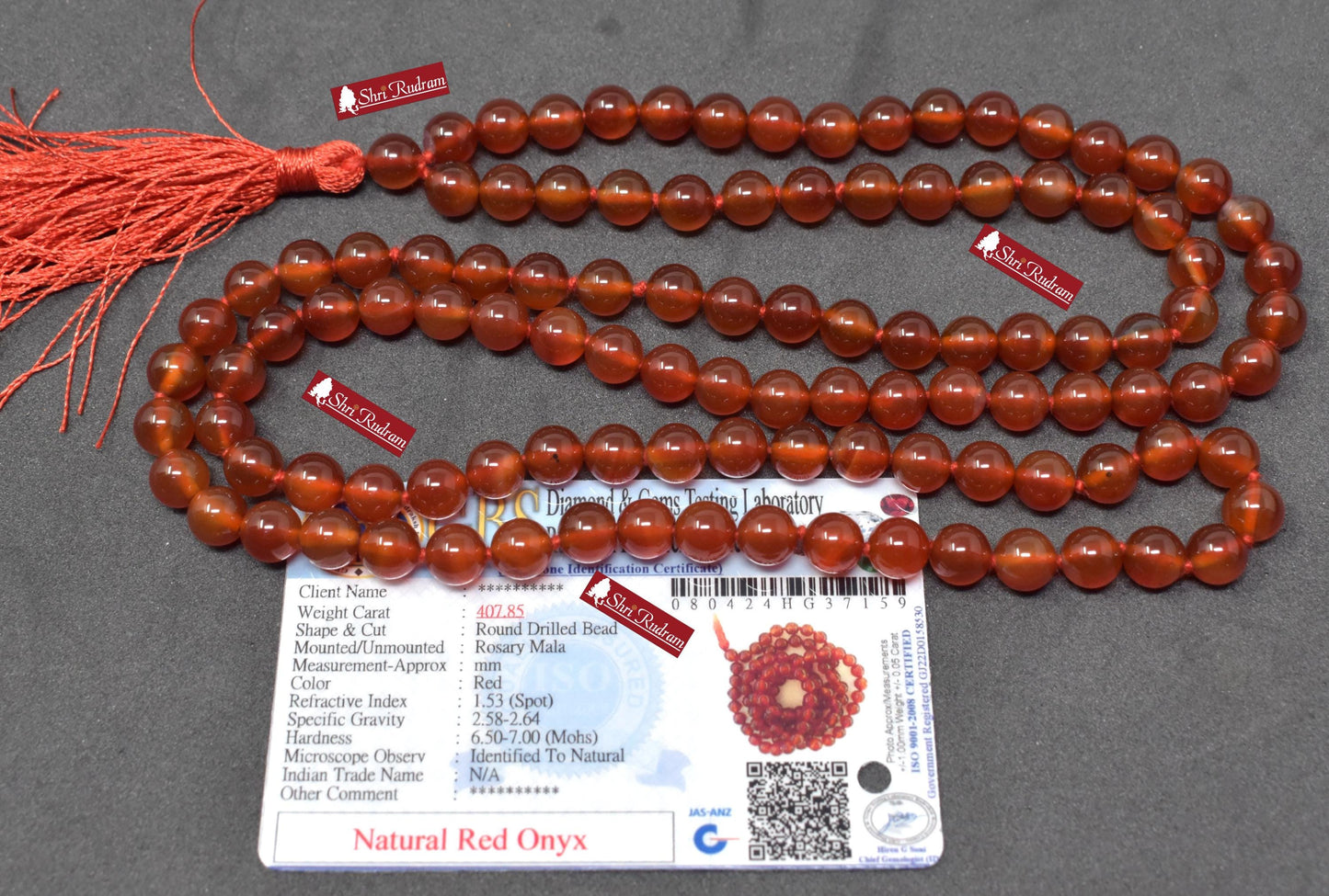 ShriRudram Red Onyx Mala, Red Onyx Necklace, 108 Beads, Statement Necklace, Gift For Yoga Lover Top Grade Lab Certified