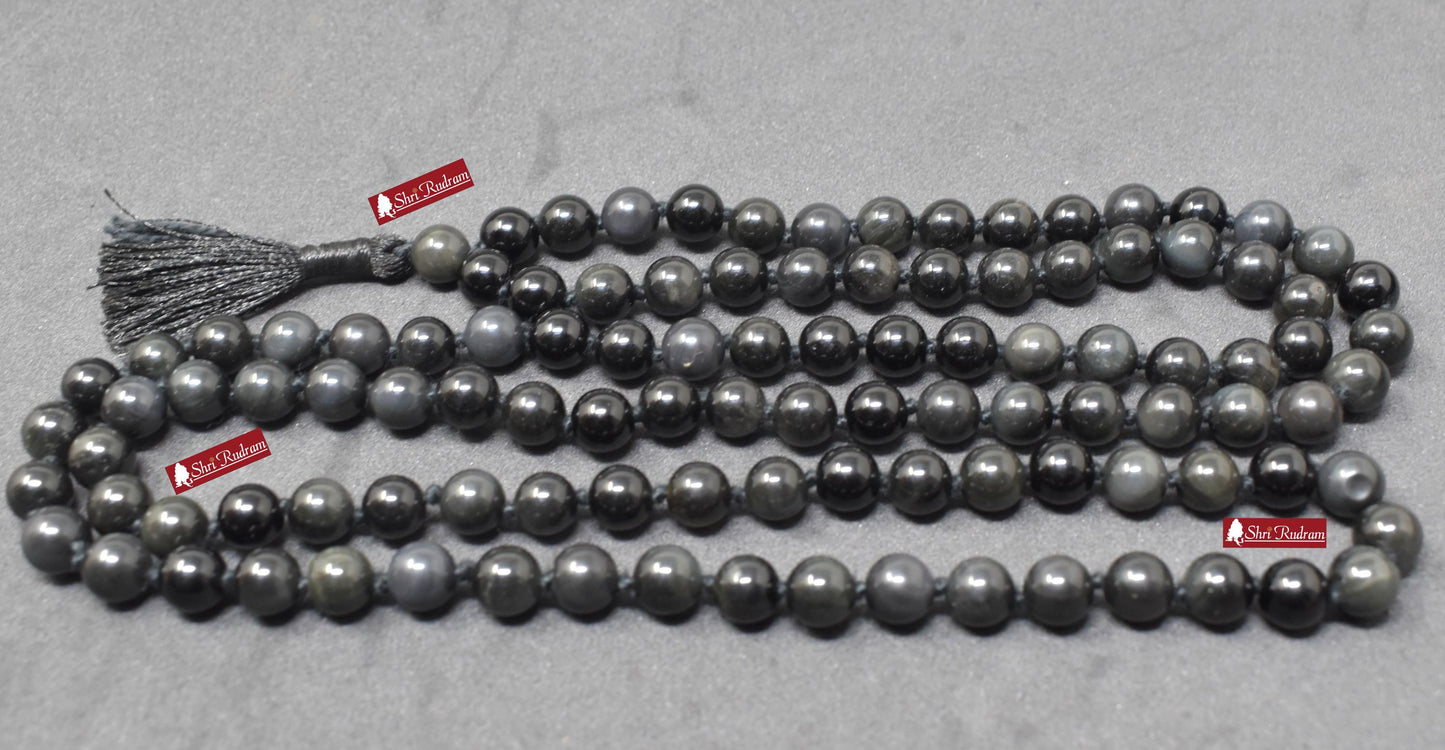 ShriRudram Silver Obsidian Mala For Protection, Spiritual Jewelry, Obsidian Necklace, Japa Mala, Yoga Gifts 8MM