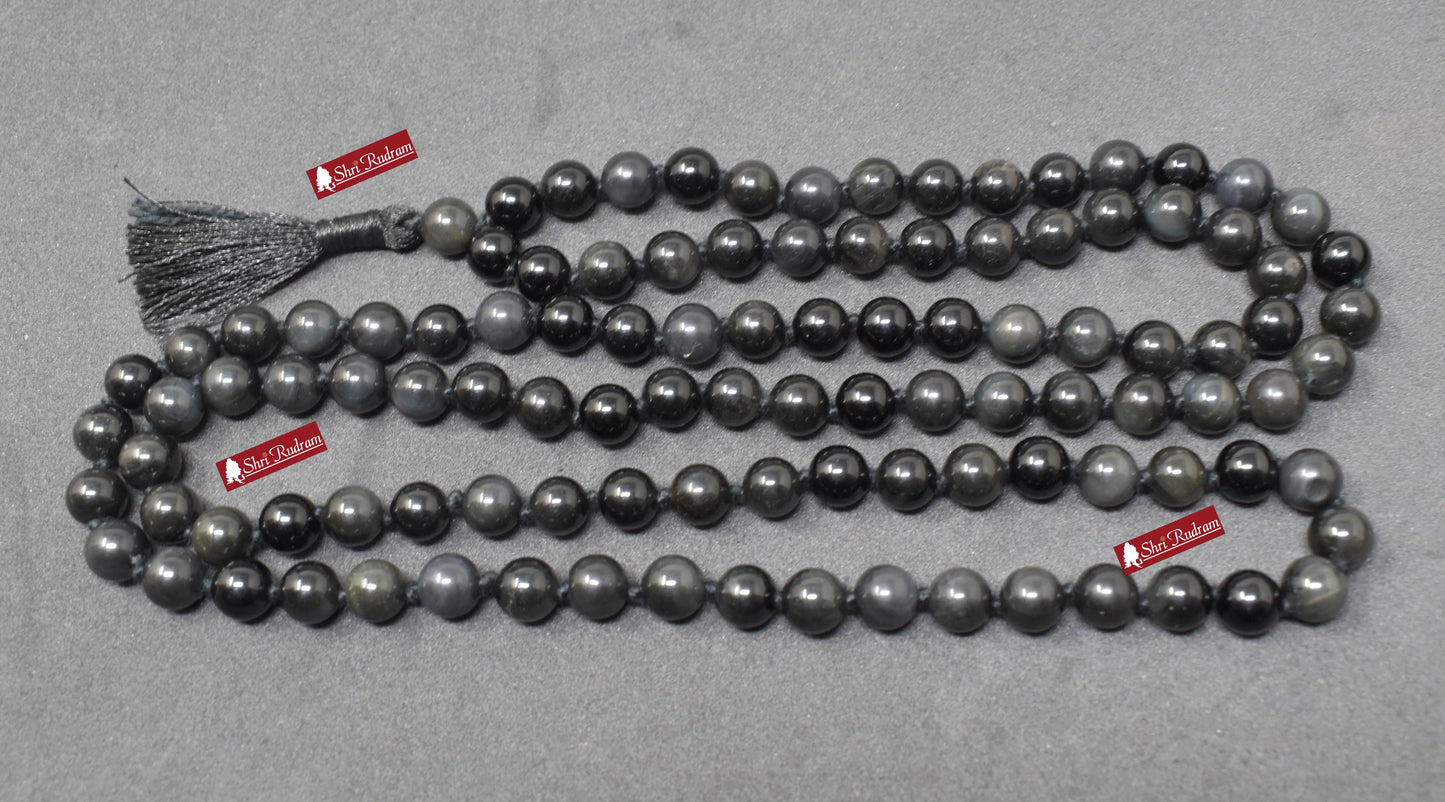 ShriRudram Silver Obsidian Mala For Protection, Spiritual Jewelry, Obsidian Necklace, Japa Mala, Yoga Gifts 8MM