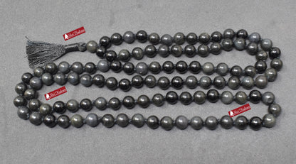 ShriRudram Silver Obsidian Mala For Protection, Spiritual Jewelry, Obsidian Necklace, Japa Mala, Yoga Gifts 8MM