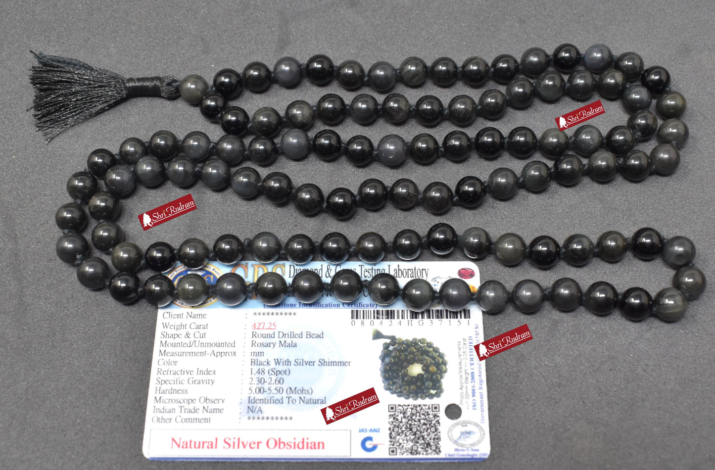 ShriRudram Silver Obsidian Mala For Protection, Spiritual Jewelry, Obsidian Necklace, Japa Mala, Yoga Gifts 8MM