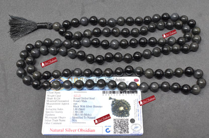 ShriRudram Silver Obsidian Mala For Protection, Spiritual Jewelry, Obsidian Necklace, Japa Mala, Yoga Gifts 8MM