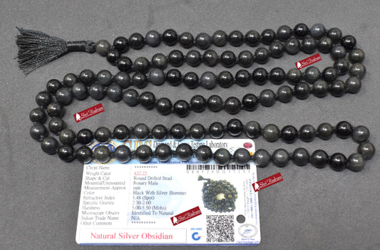 ShriRudram Silver Obsidian Mala For Protection, Spiritual Jewelry, Obsidian Necklace, Japa Mala, Yoga Gifts 8MM