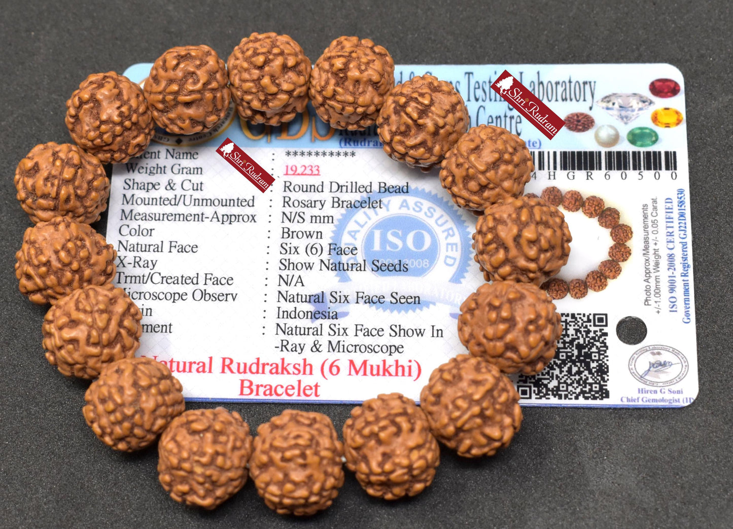 Shri Rudram 6 Mukhi Rudraksha Bracelet / Six Face Rudraksh Wristlet Java Lab Certified 15 MM D1
