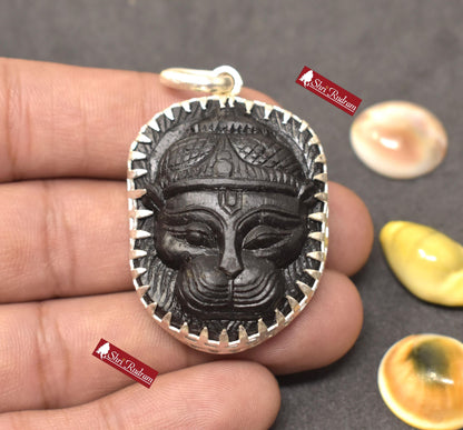 ShriRudram Narsimha Face / Narasimha Carved on Sudarshan Shaligram Locket Pendant Silver NNL265