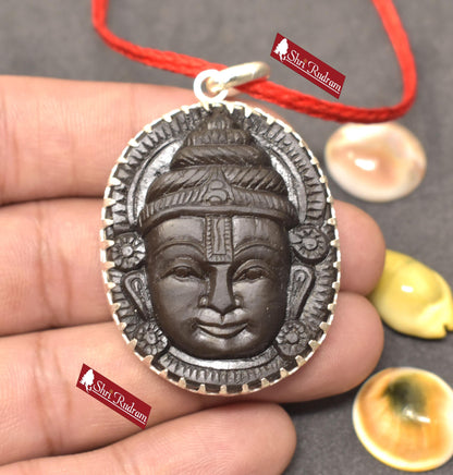 ShriRudram Venkateshwar Face / Tirupati Balaji Face Carved on Sudarshan Shaligram Locket Pendant Silver NNL31