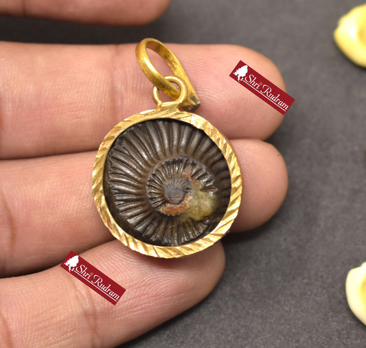 ShriRudram Golden Sudarshan Shaligram Pendant / Sudershan  Shaligram Brass PanchDhatu Locket Nepal NBL65